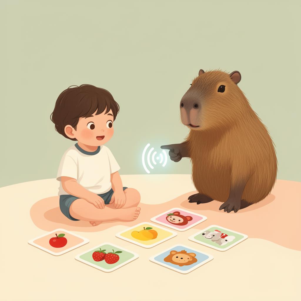 Enfant et mascotte Parléa découvrant des cartes illustrées